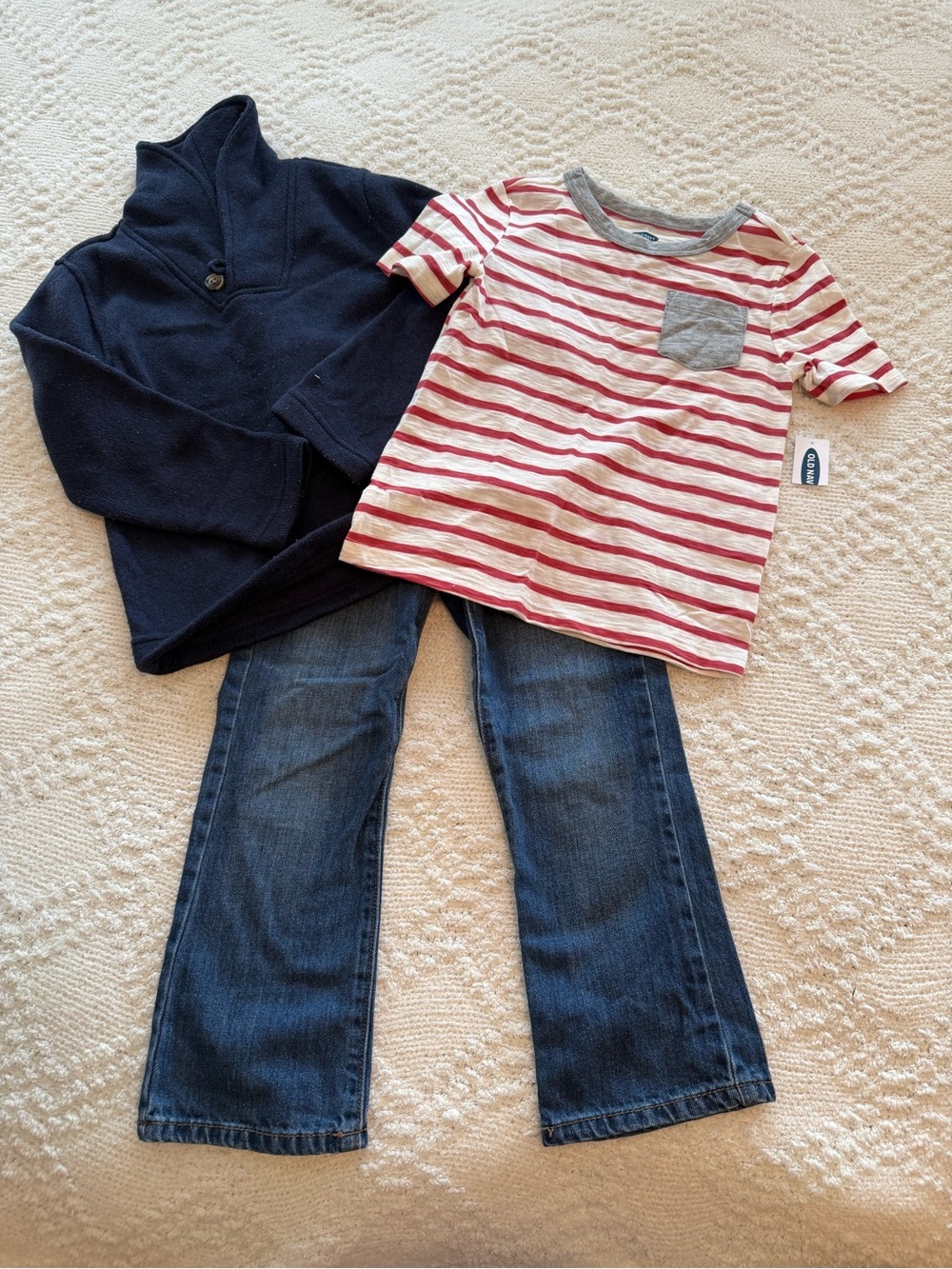 Place denim jeans with striped tshirt - fleece pull over